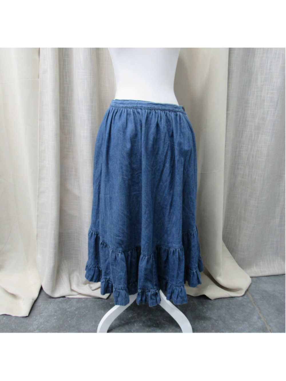 VTG 80s Made in the Shade Denim Prairie Maxi Skirt Ruffle Side Button Size 13